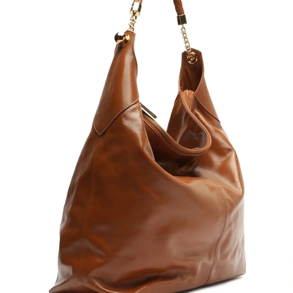 Women's Hobo Bag, Caramel Leather, Large, Brown Braided Strap, Arezzo